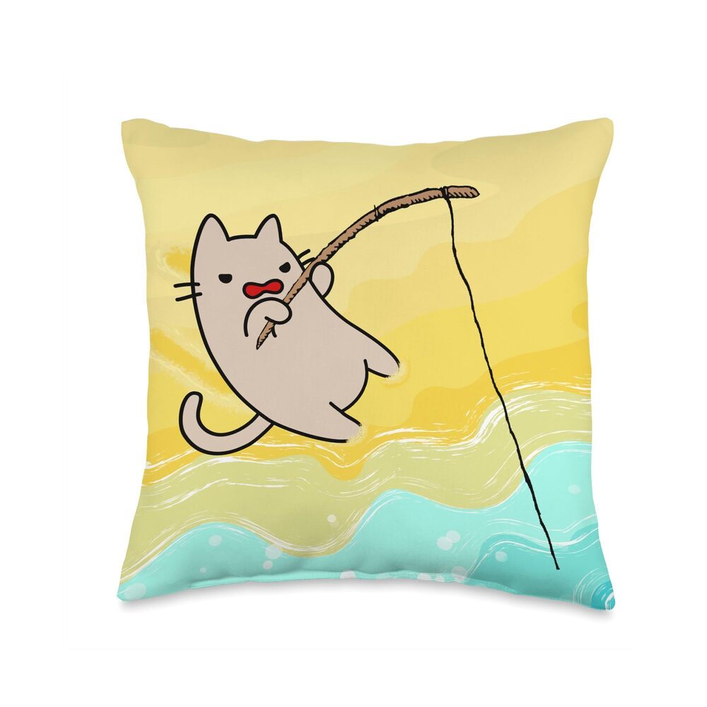 4216 Pawsitively Hooked Fishing Cat Beach Cartoon Throw Pillow 16x16